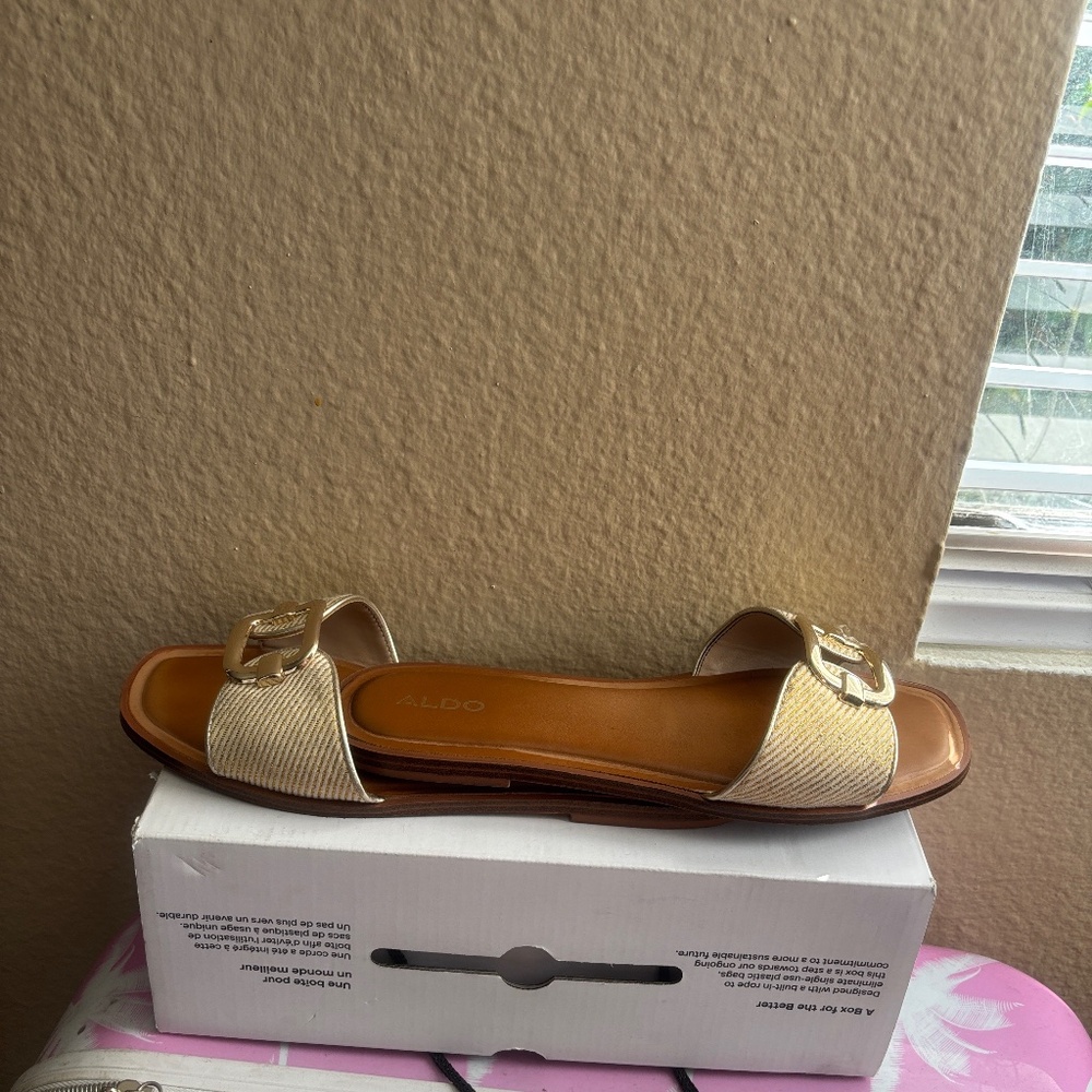 Aldo Metallic Gold And Tan Slide Sandals